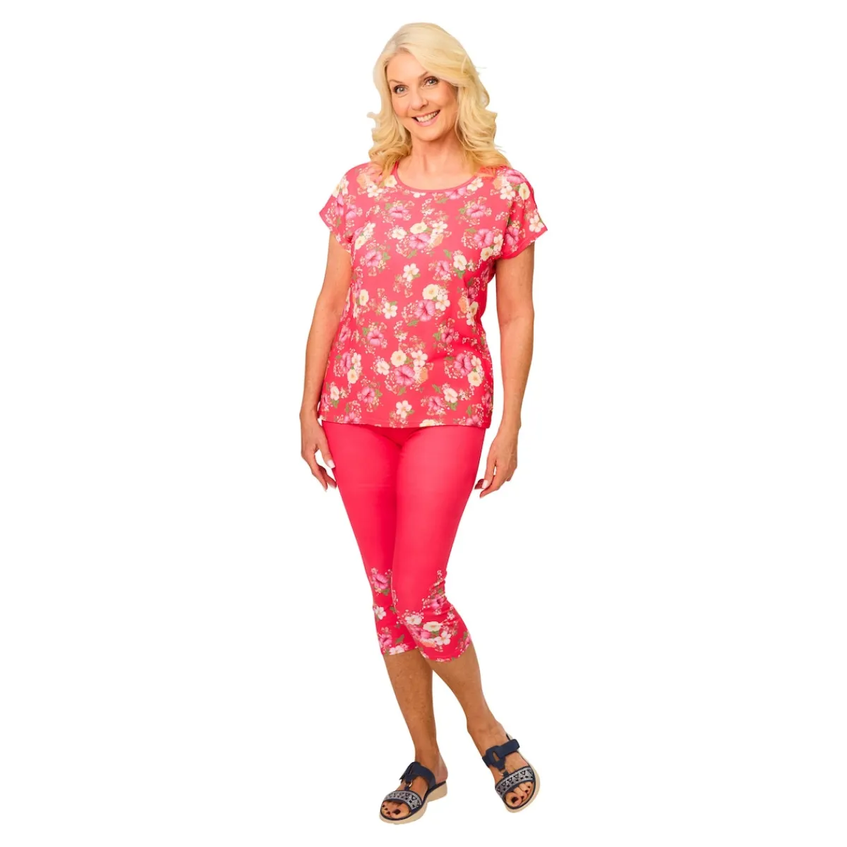 Damen Die moderne Hausfrau Capri-Leggings „Blütenzauber“ fuchsia