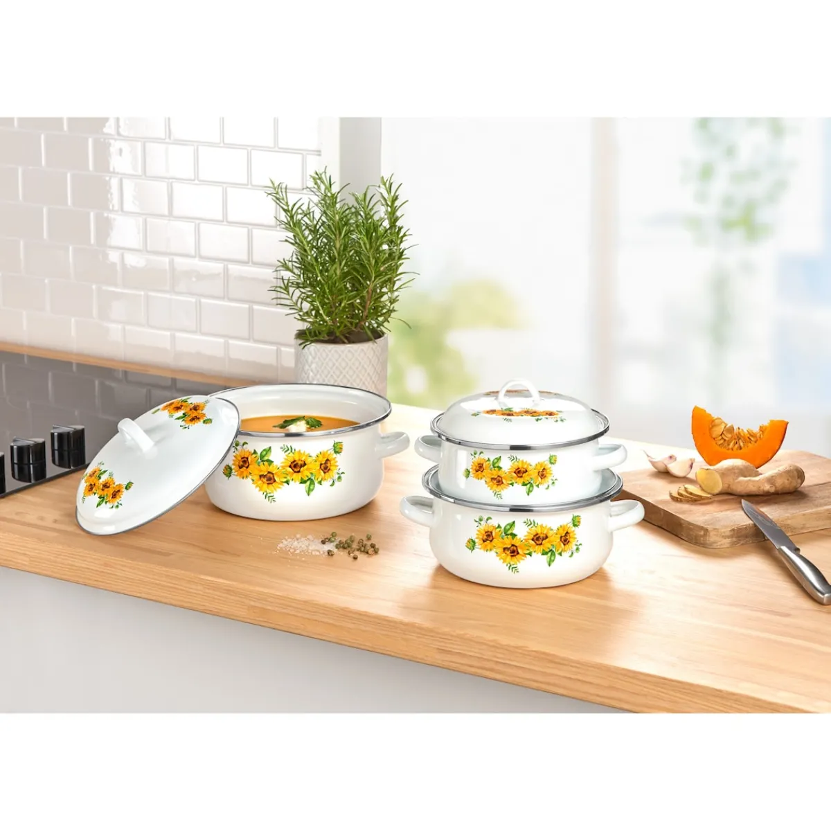 Die moderne Hausfrau Emaille-Topfset "Sonnenblume", 6-teilig