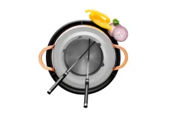 Die moderne Hausfrau Fondueset, Edelstahl - 1 x Fonduetopf, 1 x Spritzschutz, 1 x Rechaud, 1 x Metallplatte, 1 x Fonduebrenner, 6 x Fonduegabel