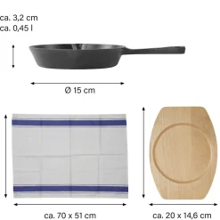 Die moderne Hausfrau Freyersbacher Gusseisenpfanne 15 cm, Emaille Bratpfanne | mit Brett und Tuch