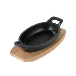 Die moderne Hausfrau Freyersbacher Kleine Gusseisenpfanne Oval 14x9 cm, Emaille Servierpfanne | Mit Brett und Tuch