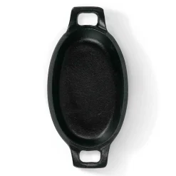 Die moderne Hausfrau Freyersbacher Kleine Gusseisenpfanne Oval 14x9 cm, Emaille Servierpfanne | Mit Brett und Tuch