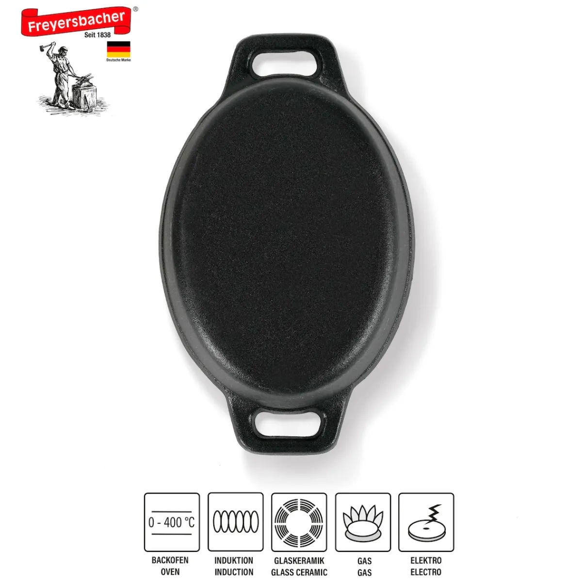 Die moderne Hausfrau Freyersbacher Mini Cocotte 12x8,5 cm Gusseisen, Kleiner Emaille Topf | Oval, mit Brett und Tuch