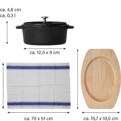 Die moderne Hausfrau Freyersbacher Mini Cocotte 12x8,5 cm Gusseisen, Kleiner Emaille Topf | Oval, mit Brett und Tuch