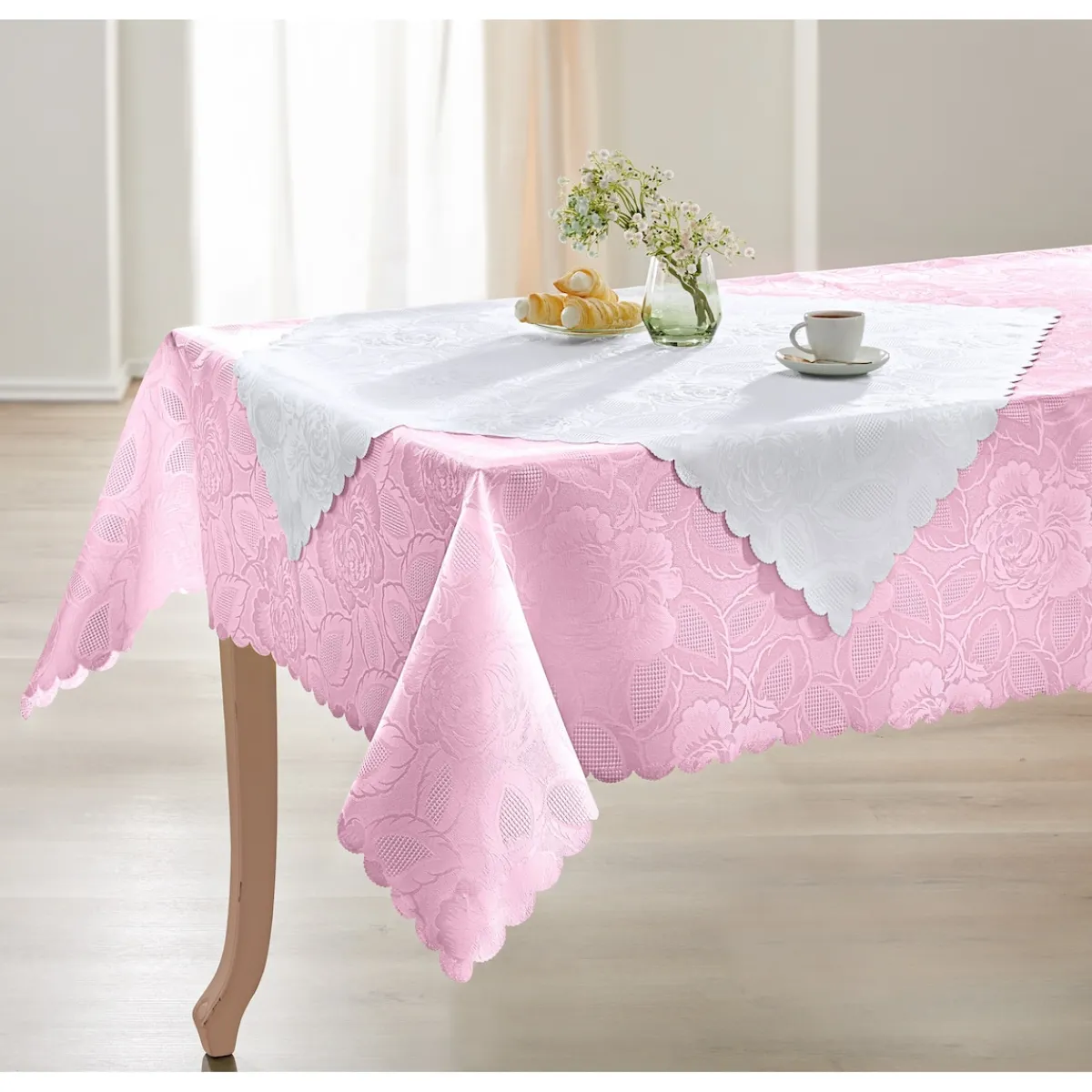 Die moderne Hausfrau Jacquard-Tischdecken-Set "Jasmin", Tischdecke 160x130 cm + Mitteldecke 80x80 cm rosa
