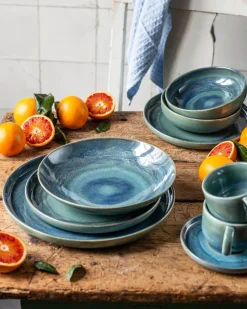 Die moderne Hausfrau Kaffeeobertassen-Set, Steinzeug TIEFER SEE Blau / Grün