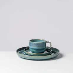 Die moderne Hausfrau Kaffeeservice, Steinzeug TIEFER SEE Blau / Grün
