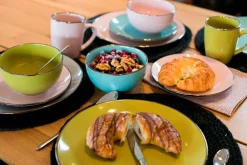 Die moderne Hausfrau Kombiservice, Steinzeug METALLIC RIM Rosa, Grün, Blau, Grau