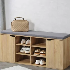 Die moderne Hausfrau Schuhschrank mit Sitzkissen, 2 Türen und 6 Fächer Sonoma-Eiche